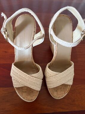 Stuart Weitzman Braided Cream Cork Wedge Sandals